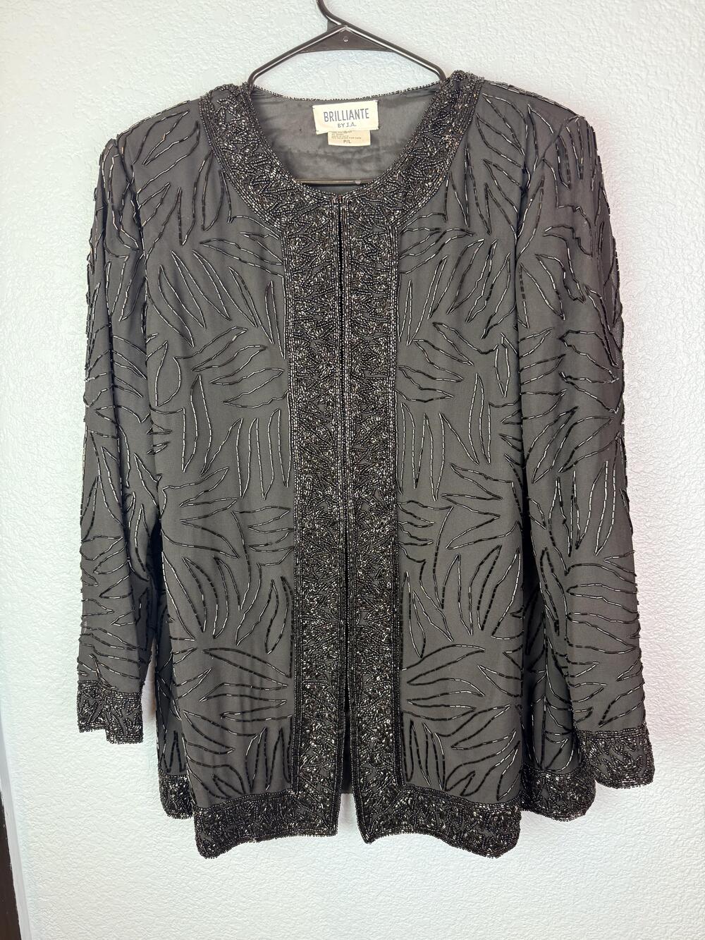 Brilliante By J.A. Jacket Womens Petite Large P/L Black Beaded Chiffon Evening